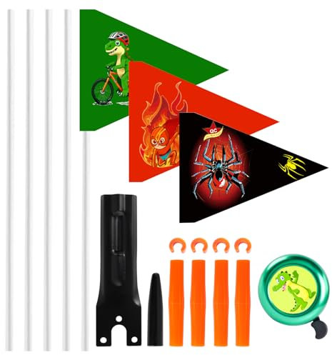 4 Pièces Fanion de Sécurité pour Vélo d'enfant +Sonnette de Vélo,Drapeau Réfléchissant Réglable,Fanion Drapeau,Drapeau De Sécurité pour Remorque