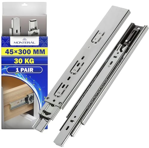 1 Par Guias Correderas para Cajones con Rodamiento Bolas 300 mm x H 45 mm - con Mecanismo Self-Closing - Rieles para Cajones Telescópicas Tienen Capacidad Carga 35 kg - Garantía de 10 Años - MONTERAL