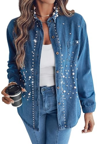CHICME Womens Pearl Rhinestone Embellished Denim Shirt Long Sleeve Button Down Turn Down Collar Casual Jean Blouse Top for Daily and Party-Blue-M