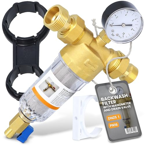 Instalguru Filtro De Retrolavado Filtro Agua 1” DN25 Manómetro Filtración Fina Válvula De Drenaje Sedimento Reutilizable Agua De Pozo Residencial