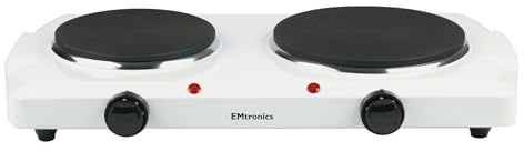 EMtronics 2500W Portable Hob with Double Hotplates and Thermostat Control, Mini Hot Plate Hob Stove, Adjustable Temperature, 155mm and 185mm Dual System - White