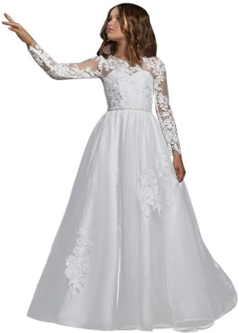 LECOYOYO Pizzo Ricamo Fiore Ragazza Abiti Tulle Manica Lunga Primo Comunione Abiti, bianco, 10 anni