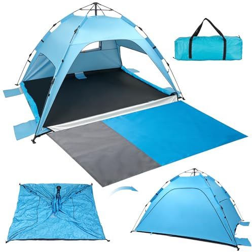 Strandzelt Strandmuschel Pop Up, UV Schutz 50+ Sonnenzelt mit Wasserdichter Strandmatte für 3-4 Personen, 3 Türen Belüftung & herausnehmbarer Boden, Tragbar Windschutz Baby Zelt für Strand Urlaub