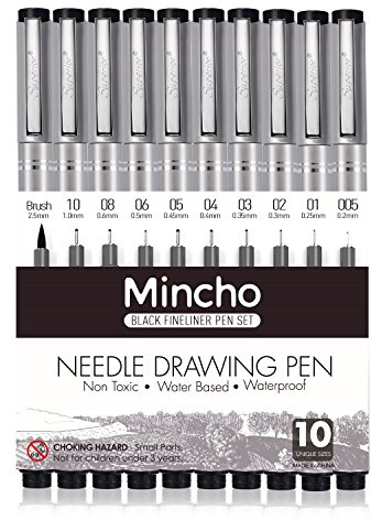 Set of 10 Black Micro-Pen Fineliner Ink Pens, Anti-Bleed & Waterproof Archival ink,Brush & Calligraphy Tip Nibs - Artist Illustration, Office Documents, Scrapbooking, Technical Drawing