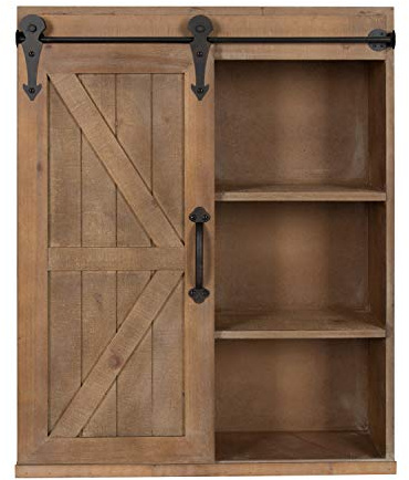 Kate and Laurel Cates Wood Wall Storage Cabinet with Sliding Barn Door; 22 x 9 x 28; Rustic Brown; Decorative Farmhouse Over the Toilet Cabinet with Three Shelves for Bathroom or Kitchen Storage