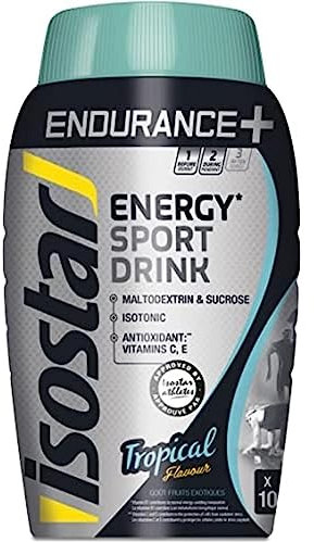 Isostar Endurance+ Energy Sport Drink Saveur Tropicale – Boisson Sport Isotonique Énergétique Endurance, Source De Vitamines B1 C & E, Glucides 75g/500ml, Hydratation Sport Running, Trail & Vélo, 790g