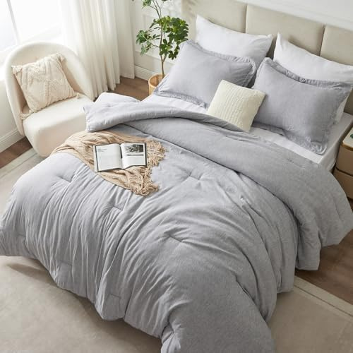 CozyLux King Size Comforter Set - 3 Pieces Grey Soft Luxury Cationic Dyeing Bedding Comforter for All Season, Gray Breathable Lightweight Fluffy Bed Set with 1 Comforter and 2 Pillow Shams