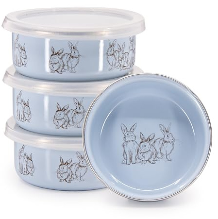 Golden Rabbit Enamelware Child Bowls with Lids, 14 ounce, Blue Bunnies, Set of 4