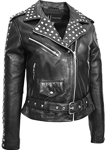 Chaqueta motorista de cuero negro para mujer con detalles tachonados, estilo de motocicleta Brando - Stella, Negro, 48
