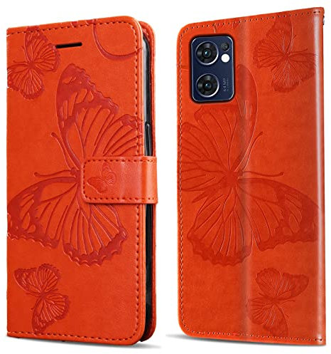 DENDICO Funda para OPPO Find X5 Lite 5G, Magnético Libro Funda de Cuero PU para OPPO Find X5 Lite 5G, Diseño en Relieve Carcasa con Ranura para Tarjeta, Naranja