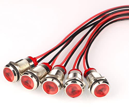 Gebildet 5st Blinkar 82 gånger/min Röd 12mm AC/DC 12-24V Blinkande LED Metall Indikeringsljus Vattentät Signallampa med Tråd, Blinkande Rött Ljus för Varning och Indikering