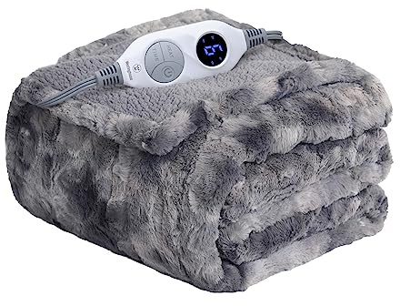 Westinghouse Electric Heated Throw Blanket, Faux Fur with 6 Heating Levels & Auto Off, Soft Cozy Sherpa Washable Blanket (50 x 60, Grey)