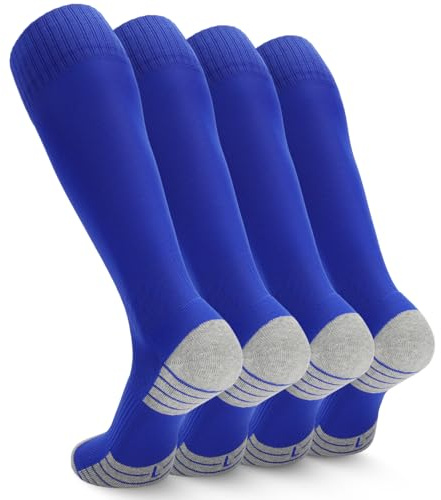 Ultrafun 4 Pairs Soccer Socks Men Youth Kids Cushioned Knee High Team Sports Football Socks (US, Alpha, Medium, Royal Blue)