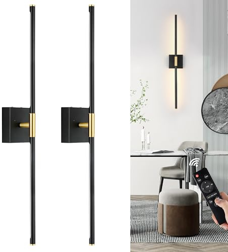 Morauroral Battery Operated Wall Sconces Set of 2, Dimmable 3 Color Battery Wall Sconce with Remote, Black Gold LED Rechargeable Sconces, 24 Inch Modern Wireless Wall Lights for Bedroom, Living Room
