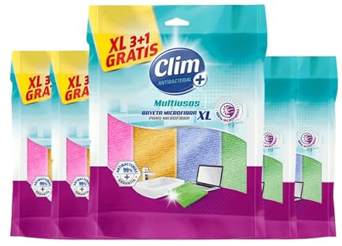 Clim Antibacterial. 28 Bayetas Multiusos 100% Microfibra con Tratamiento antibacterias y limón. Limpia y Seca sin rayar. Caja con 28 Paños en Packs de 4 uds