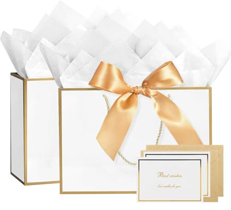 2 Pièces Sacs en Papier Multifonctionnel Set, 28 x 10 x 20 cm Sacs Cadeaux D'Anniversaire avec Poignées, Durable Sacs Cadeaux avec Ruban pour Mariage Festival Fête (Blanc)