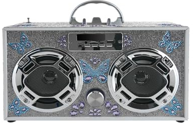 Wireless Express - Portable Party Speaker: Retro Boombox with Bluetooth, LED Light Show, Enhanced FM Radio, Rechargeable Battery (Butterfly Silver Bling)