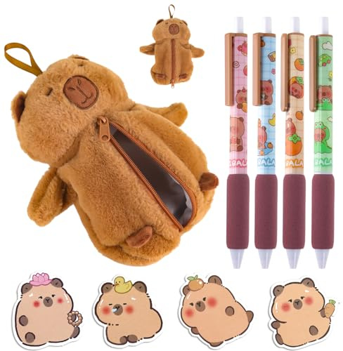 Prmape Estuche Escolar de Peluche, Estuche para Lápices de Capybara, Juego de Papelería Capybara, con 4 Bolígrafos de Gel & 4 Notas Adhesivas, Estuche de Felpa para Lápices Regalo para Estudiantes