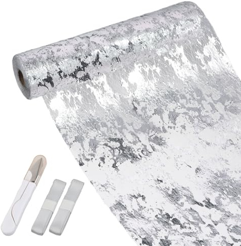 Samlonge 28cmx20m Tischläufer Silber, Glänzend Silber Tischband mit 1 Schere und 2 Farbiger Bänder Tischband Tüllband Polyester Stoff Tischdekoration für Partys Hochzeit Geburtstage Weihnachten