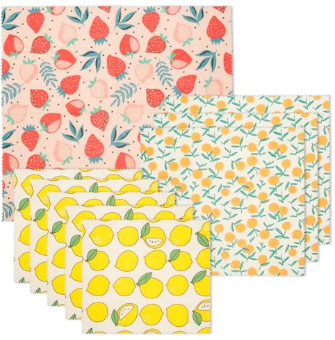 9Pcs Beeswax Food Wraps Set, 3 Sizes Reusable Bees Wax Food Storage Wrap, Bees Wax Cheese Bread Sandwich Wrappers, Organic Cotton Foods Wraps for Cheese, Fruit, Foods Storage(Fruit Style)