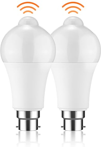 OurLeeme Motion Sensor LED Bulb, 2 Pack B22 LED Warm White | PIR Smart Bayonet, 12W Auto On/Off Standard Light Bulbs for Front Door Hallway Basement Garage Stairs