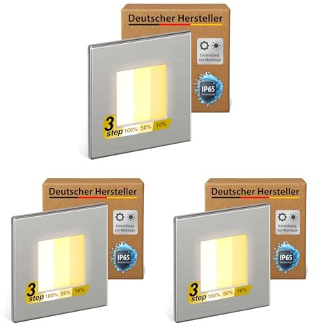 ledscom.de Luminaire d'escalier/encastré mural FEMA à 3 LED pour l'intérieur et l'extérieur, de forme carrée, en acier inoxydable, 80 x 80 mm, blanc chaud