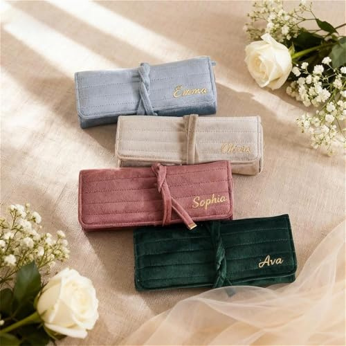 PGORSDOR Rotolo portagioie in velluto personalizzato, sacchetto portagioie da viaggio, accessorio da viaggio, porta gioielli personalizzato (champagne)