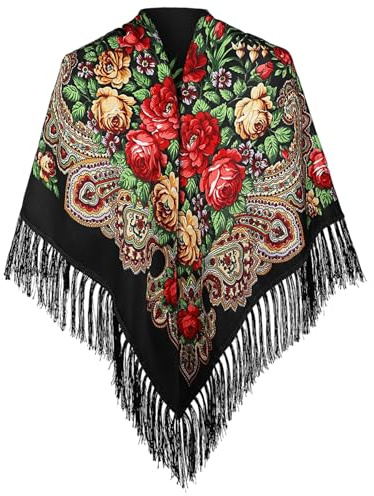 Abito da flamenco per donna scialle floreale per donna 51x51 pollici quadrati tradizionale scialle floreale con frange e nappe stile etnico retrò foulard accessori di moda