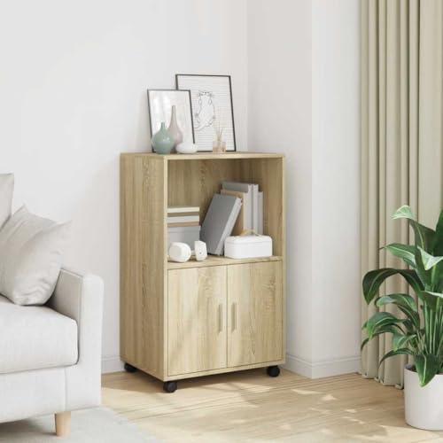 Mokuyary Sonoma Oak Rolling Cabinet 55 x 40 x 91 cm Wood Material Rolling Container, Mobile Filing Cabinet with Wheels, Office Container, Side Table for Living Room, Office