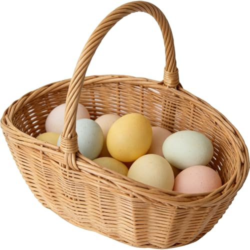 Panier en Osier avec Poignée, Tressé Paniers de Pâques Pour Oeuf avec Anse Rond Decor Panier de Pique-Nique Tissé Portable de Capacité pour l'Organisation Fruits, Légumes et Fleurs