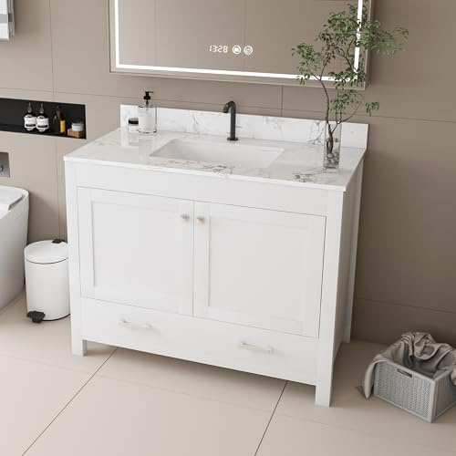 Modern vanity cabinet integrated sink, engineered marble countertop, single-hole faucet deck, soft-close drawer, double-door shelving, solid wood frame, MDF build, freestanding washstand powder room