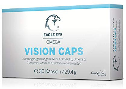 Eagle Eye Augen-Vitamine gegen trockene Augen - mit Curcumin, Omega 6 und Omega 3-30 Kapseln hochdosiert mit den Vitaminen D3, B2, B6, B9 und B12 gegen trockene, rote, brennende und gereizte Augen.