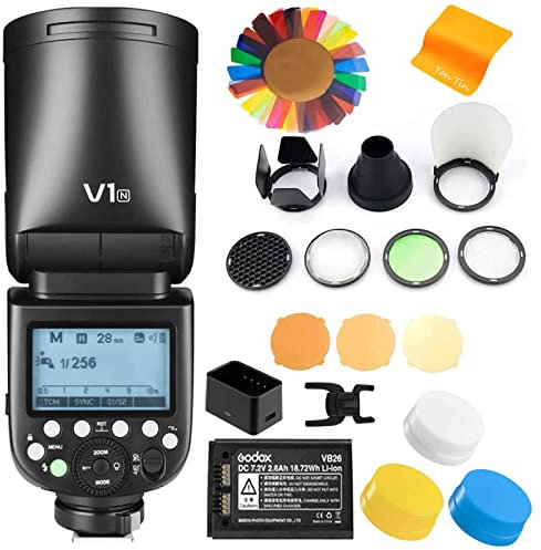 Godox V1-N Rundkopf Kamerablitz für Nikon Blitzgerät mit Godox AK-R1 Kit für Nikon, 76Ws 2.4G 1/8000 HSS, 480 Aufnahmen mit Voller Leistung, 1.5s Ladezeit, 2600mAh Li-Ionen Akku