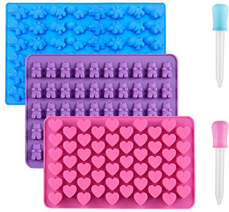3 Pack Silicone Chocolate Molds, Reusable Candy Baking Mold Ice Cube Trays Candies Making Supplies with 2 Droppers, Nonstick Silicone Gummy Molds Including Mini Dinosaur, Hearts, Bear Shape