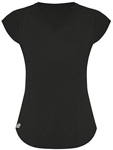 GO HEAVY Damen Fitness Funktions Sport T-Shirt Laufshirt Kurzarm Schnelltrocknend Yoga Sportoberteil | Schwarz XXL