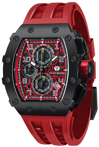 TSAR BOMBA Montre Homme Montre de Luxe Etanche 50M Tonneau Analogique Chronometre Squelette Carrée Grand Cadran Plongee Sport Montres Mouvement Japonais Bracelet Silicone Miroir Saphir Lumineux
