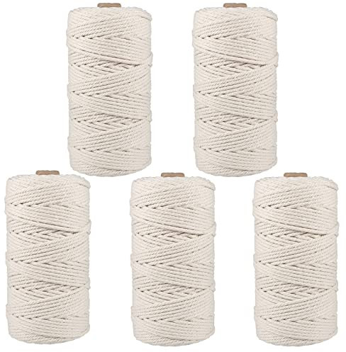 MANCHAP 5 PCS 3mm x 100m Macrame Cord, 4-Strand Twisted Macrame Cotton Rope for Wall Hanging, Knitting, Gift Wrapping