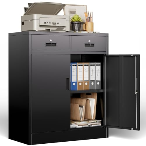 BESFUR Metal Storage Cabinet, Garage Storage Cabinet with 2 Drawers and Adjustable Shelf, Locking Short Storage Cabinet for Office Garage Home, Black Metal Cabinets(36 H x 31.5 W x 16 D)
