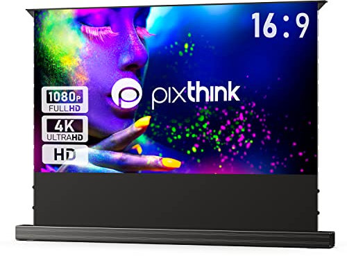 Pixthink 120 pulgadas Electric Motorized Floor Rising Tab Tension Pull Up Proyector Pantalla con el PET Crystal Slimline ALR ambiht luz para el proyector UST 4K