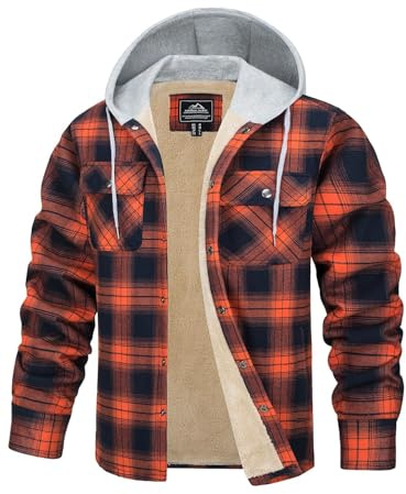 TACVASEN Men's Hooded Flannel Shirts Jacket Lined Fleece Plaid Hoodies Shirts Button Down Padded Check Lumberjack Jacket Orange,M