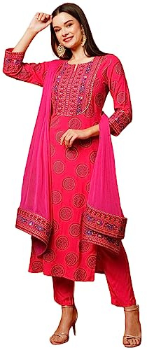 GoSriKi Women's Cotton Blend Printed Straight Kurta with Pant & Dupatta, Pink, M