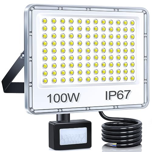 YIQIBRO Faro LED Esterno con Sensore Movimento 100W, Faretto con Sensore di Movimento 10000LM 6500K Bianca Fredda, Impermeabile IP67 Luci da Esterno per Giardino, Terrazza, Garage, Entrata
