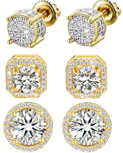 Stud Earrings for Men,18K White Gold Plated Round Square Cubic Zirconia Hypoallergenic Studs Earrings Set for Women (3 Pairs-A+B+C Gold)