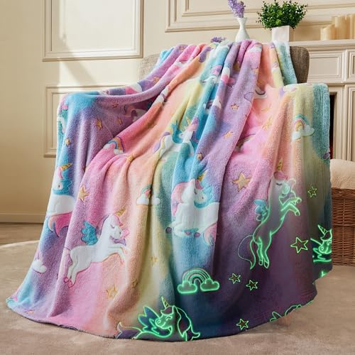 Joiedomi Glow in The Dark Blanket Unicorns Gifts Toys for Girls Age4 5 6 7 8 9 10 11 12 Year Old, Soft Cozy Flannel Kids Throw Blanket, for kids, Birthday Bedroom Decor 50×60