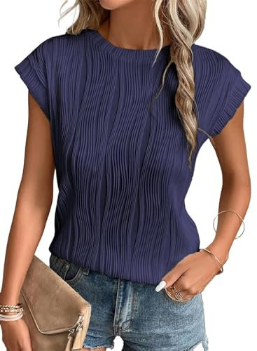 Gemulate Basic Tshirts Shirts for Women Short Sleeve Blouses Casual Round Neck tee Ladies Solid Summer Tunic Navy Blue S