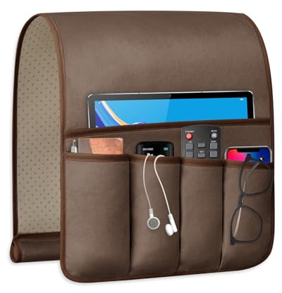 WETRBWEH Remote Control Holder for Armchair, Couch Caddy Organizer TV Remote Holder for Bed Storage 5 Pockets, Remote Caddy Bedside Organizer Bedside Table Organizer (Brown, 35x12.4)