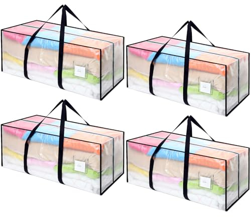 Dntorx 4 Stück 120L Aufbewahrungstasche, Heavy-Duty Weihnachtslager Transparente Umzugskartons Große mit Reißverschluss Griff Faltbar Weihnachtsbaum Tasche für Umzug Bettwäsche Kleidung Aufbewahrung