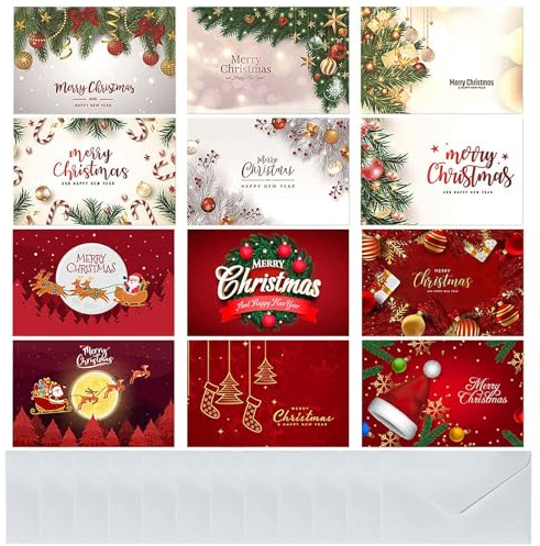 HOOPOE Cartoline Natale,12 Pezzi Biglietti di Natale con buste e adesivi,Biglietti di Natale pieghevoli,Cartolina di Natale per Regali di Natale,Auguri natalizi per fai da te Saluti Scritti a Mano