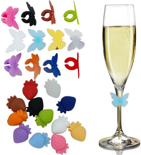 24 Pièces Marque Verre à vin,Marqueur Silicone De Verre,Marqueurs de verres à vin réutilisables Marqueurs,Marqueurs Colorés pour Verres à Vin,pour Verre à Champagne, Verre à Cocktail,Style 2