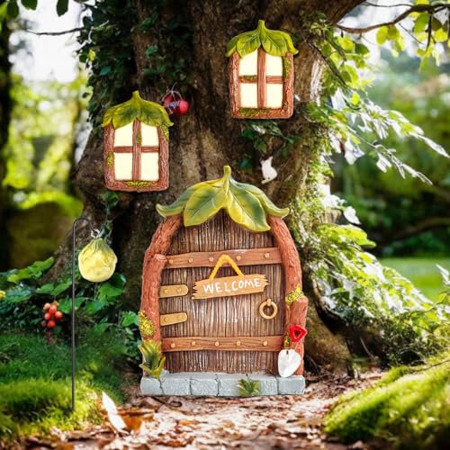 MplehDa Fairy Door Cabin Set of 4 Miniature Fairy Garden Outdoor Statues Window Door Fairies Gnomes Decor Garden Sculpture Statues Figurines Glow In The Dark House